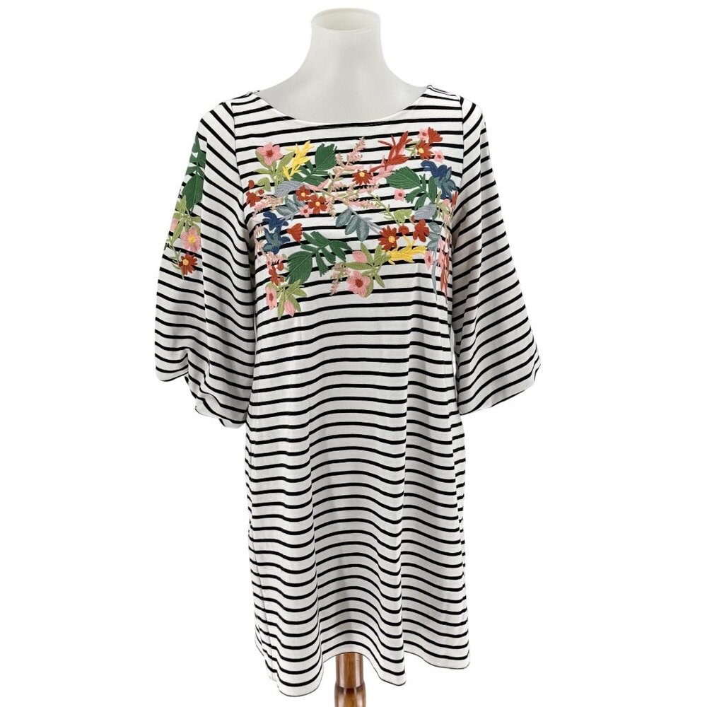 Gianni Bini Striped Floral Embroidered Dress Medium Polyester/Rayon Blend, M